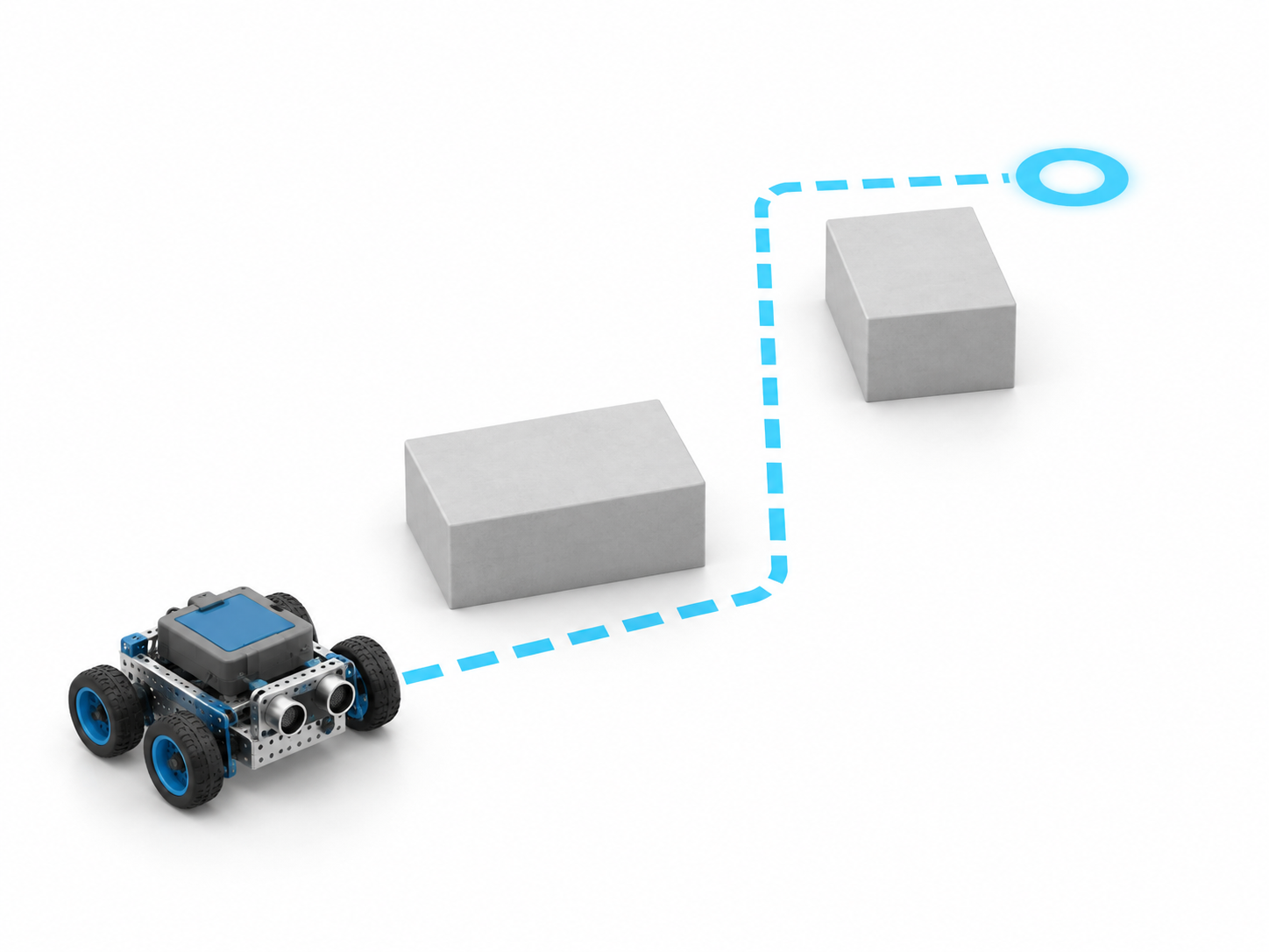 Illustration of a wheeled robot following a planned route around obstacles