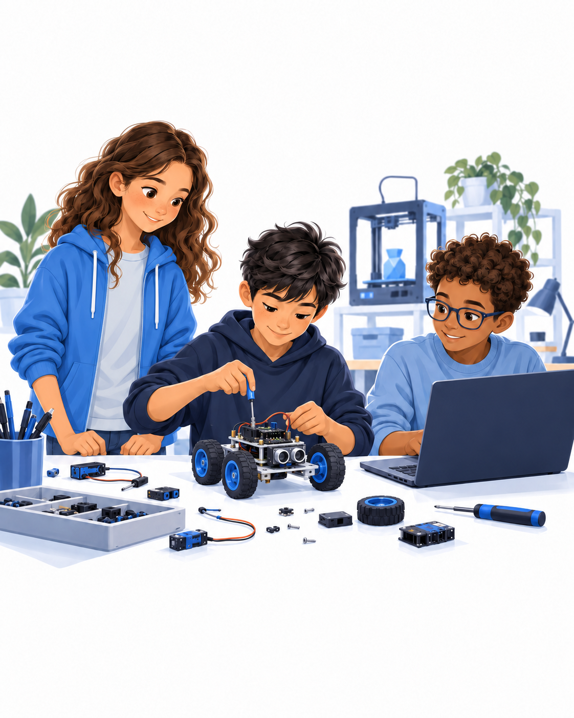 Illustration of children designing, building and coding a robot together at an engineering workbench